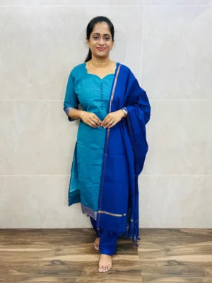 (Peacock blue-violet blue)Pure handloom cotton top(cotton lining) paired with cotton dupatta and cotton bottom(free size)