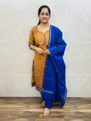 (Brown-violet blue)Pure handloom cotton top(cotton lining) paired with cotton dupatta and cotton bottom(free size)