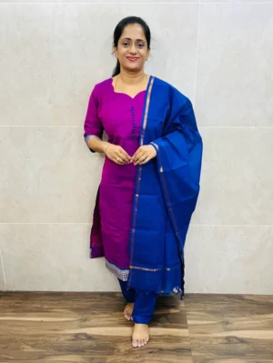 (Dark purple-violet blue)Pure handloom cotton top(cotton lining) paired with cotton dupatta and cotton bottom(free size)