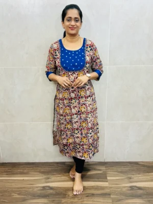 (Red) Original kalamkari cotton top (cotton lining) with handworked slub silk patchwork on yoke(straight cut)