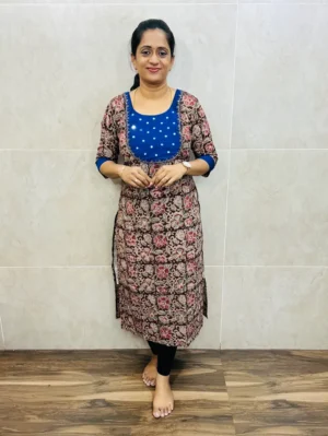 (Maroon) Original kalamkari cotton top (cotton lining) with handworked slub silk patchwork on yoke(straight cut)