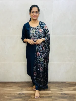 (Dark midnight blue)Soft silk top(full crepe lining)with brasso patchwork on yoke paired with premium brasso dupatta and silk bottom(free size)