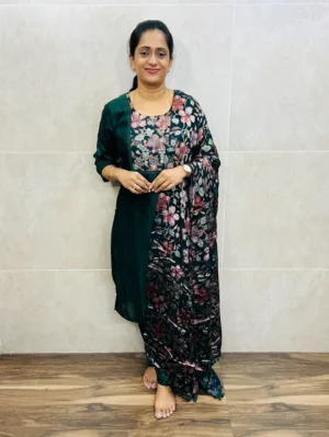 (Dark Green)Soft silk top(full crepe lining)with brasso patchwork on yoke paired with premium brasso dupatta and silk bottom(free size)