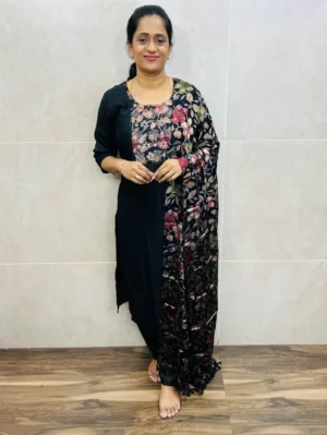 (Black)Soft silk top(full crepe lining)with brasso patchwork on yoke paired with premium brasso dupatta and silk bottom(free size)