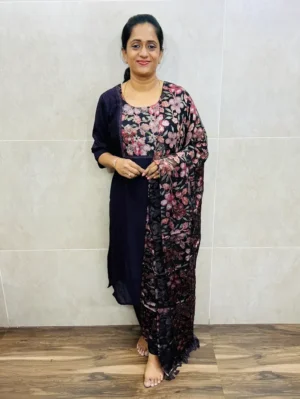 (Dark purple)Soft silk top(full crepe lining)with brasso patchwork on yoke paired with premium brasso dupatta and silk bottom(free size)
