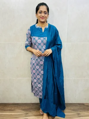 Printed cotton top (crepe lining) with hakoba patch work on yoke paired with soft silk dupatta and silk bottom (straight cut)