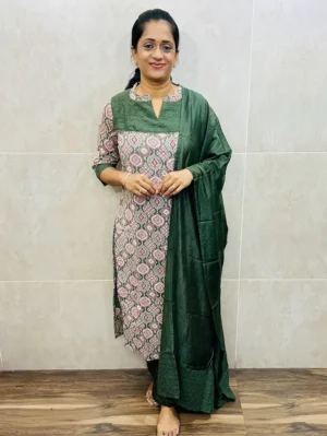 Printed cotton top (crepe lining) with hakoba patch work on yoke paired with soft silk dupatta and silk bottom (straight cut)