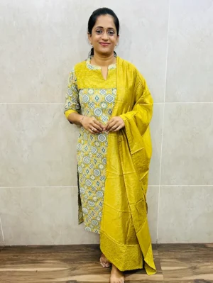 Printed cotton top (crepe lining) with hakoba patch work on yoke paired with soft silk dupatta and silk bottom (straight cut)