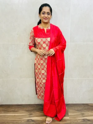 Printed cotton top (crepe lining) with hakoba patch work on yoke paired with soft silk dupatta and silk bottom (straight cut)