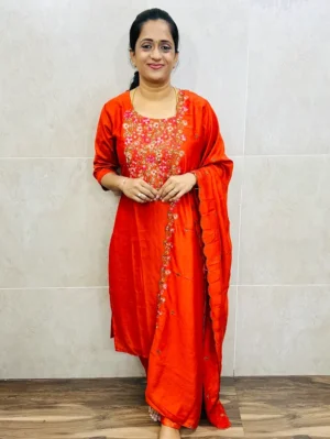 Soft silk top (full cotton lining) with beautiful embroidered yoke paired with embroidered soft silk dupatta and silk bottom (free size)
