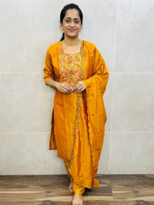 Soft silk top (full cotton lining) with beautiful embroidered yoke paired with embroidered soft silk dupatta and silk bottom (free size)