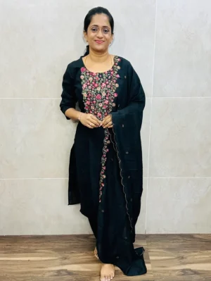 Soft silk top (full cotton lining) with beautiful embroidered yoke paired with embroidered soft silk dupatta and silk bottom (free size)