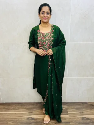 Soft silk top (full cotton lining) with beautiful embroidered yoke paired with embroidered soft silk dupatta and silk bottom (free size)