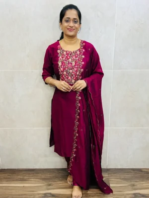 Soft silk top (full cotton lining) with beautiful embroidered yoke paired with embroidered soft silk dupatta and silk bottom (free size)