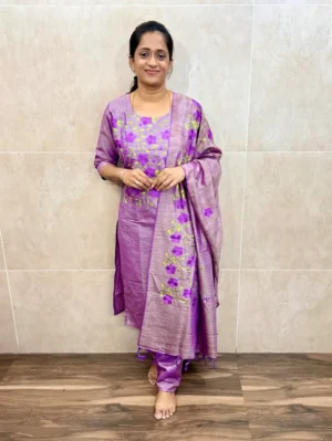 Premium semi tussar top with exclusive embroidery work on yoke paired with embroidered semi tussar dupatta and semi tussar bottom(straight cut)