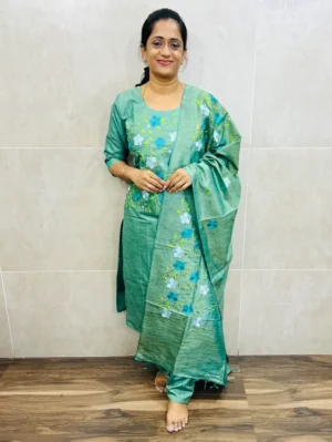 Premium semi tussar top with exclusive embroidery work on yoke paired with embroidered semi tussar dupatta and semi tussar bottom(straight cut)