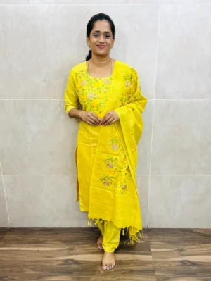 Premium semi tussar top with exclusive embroidery work on yoke paired with embroidered semi tussar dupatta and semi tussar bottom(straight cut)