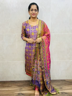 Pattern-1-Soft Patola silk top (cotton lining) paired with Patola silk dupatta and printed silk bottom (free size)