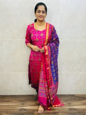Pattern-1-Soft Patola silk top (cotton lining) paired with Patola silk dupatta and printed silk bottom (free size)