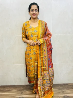 Pattern-1-Soft Patola silk top (cotton lining) paired with Patola silk dupatta and printed silk bottom (free size)