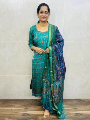 Pattern-1-Soft Patola silk top (cotton lining) paired with Patola silk dupatta and printed silk bottom (free size)