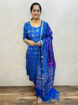 Pattern-1-Soft Patola silk top (cotton lining) paired with Patola silk dupatta and printed silk bottom (free size)