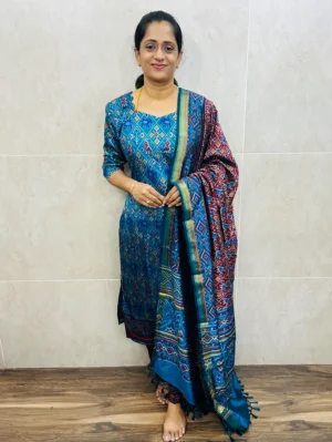 Pattern-2-Soft Patola silk top (cotton lining) paired with Patola silk dupatta and printed silk bottom (free size)