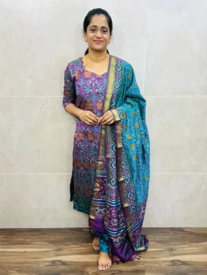Pattern-2-Soft Patola silk top (cotton lining) paired with Patola silk dupatta and printed silk bottom (free size)