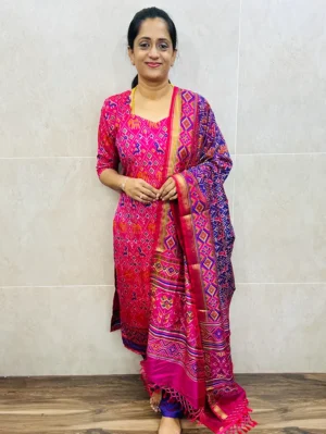 Pattern-2-Soft Patola silk top (cotton lining) paired with Patola silk dupatta and printed silk bottom (free size)