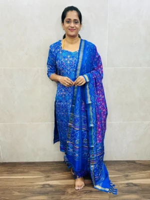 Pattern-2-Soft Patola silk top (cotton lining) paired with Patola silk dupatta and printed silk bottom (free size)