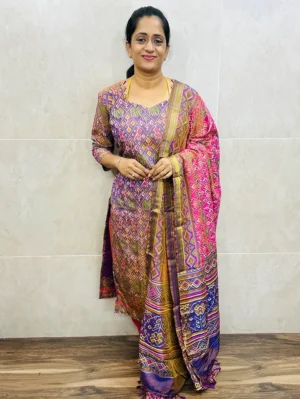 Pattern-2-Soft Patola silk top (cotton lining) paired with Patola silk dupatta and printed silk bottom (free size)