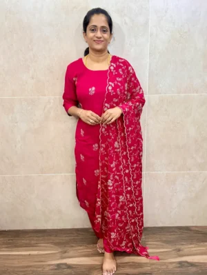 (Reddish pink) Premium soft silk top(full crepe lining) paired with embroidered soft silk dupatta and silk bottom(free size)