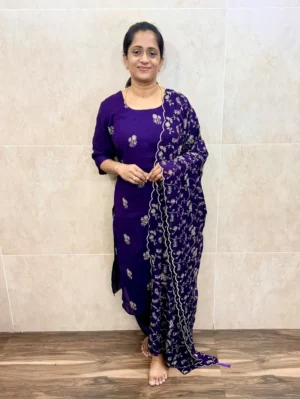 (Violet)Premium soft silk top(full crepe lining) paired with embroidered soft silk dupatta and silk bottom(free size)