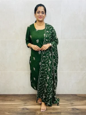 Premium soft silk top(full crepe lining) paired with embroidered soft silk dupatta and silk bottom(free size)