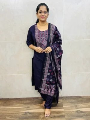 Semi modal silk top (cotton lining) with patchwork on yoke paired with semi modal silk dupatta and silk bottom (free size)