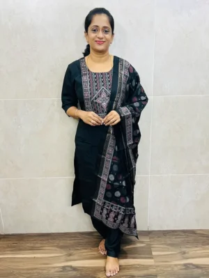 Black - Semi modal silk top (cotton lining) with patchwork on yoke paired with semi modal silk dupatta and silk bottom (free size)