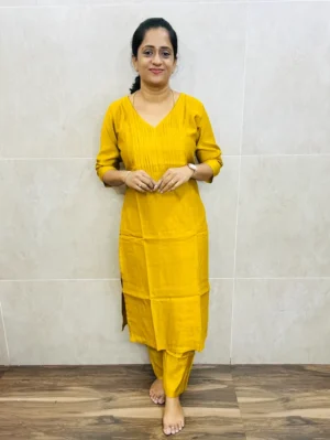 (Mustard yellow)Premium rayon cotton top(crepe lining) with pintuck yoke paired with rayon cotton bottom(straight cut)