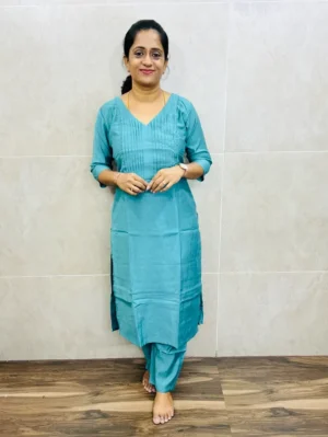 (Greyish blue)Premium rayon cotton top(crepe lining) with pintuck yoke paired with rayon cotton bottom(straight cut)