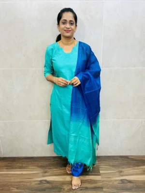 (Sea green-Ink blue)Semi tussar top(cotton lining)with self thread weaving paired with semi tussar dupatta and semi tussar bottom(free size)
