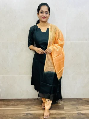 Semi tussar top(cotton lining)with self thread weaving paired with semi tussar dupatta and semi tussar bottom(free size)
