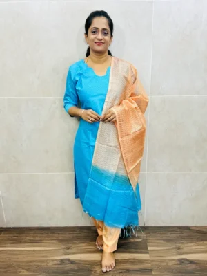 Semi tussar top(cotton lining)with self thread weaving paired with semi tussar dupatta and semi tussar bottom(free size)