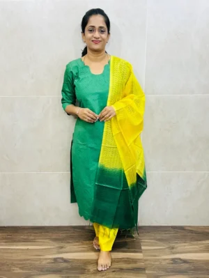 Semi tussar top(cotton lining)with self thread weaving paired with semi tussar dupatta and semi tussar bottom(free size)