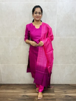 Semi tussar top(cotton lining)with self thread weaving paired with semi tussar dupatta and semi tussar bottom(free size)