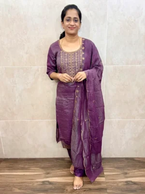 Soft shimmer silk top(full crepe lining) with embroidered yoke paired with shimmer silk dupatta and silk bottom(free size)
