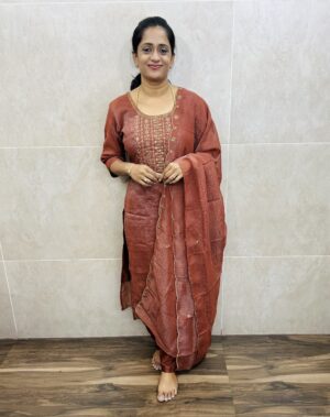 Soft shimmer silk top(full crepe lining) with embroidered yoke paired with shimmer silk dupatta and silk bottom(free size)