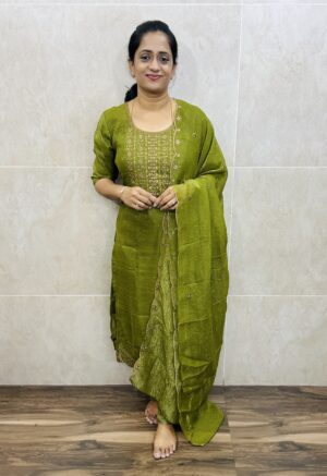 Soft shimmer silk top(full crepe lining) with embroidered yoke paired with shimmer silk dupatta and silk bottom(free size)