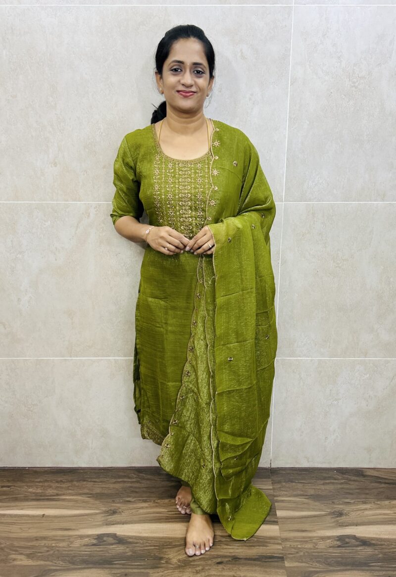 Soft shimmer silk top(full crepe lining) with embroidered yoke paired with shimmer silk dupatta and silk bottom(free size)