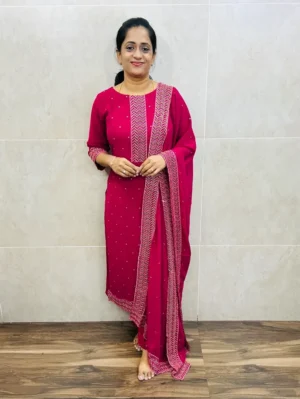Georgette top(full crepe lining) with allover embroidery paired with georgette dupatta and silk bottom(straight cut)