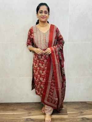 Brick Red - Ajrakh cotton top (cotton lining) paired with printed cotton dupatta and cotton bottom (free size)