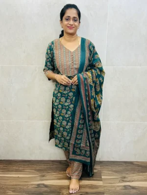 Green - Ajrakh cotton top (cotton lining) paired with printed cotton dupatta and cotton bottom (free size)